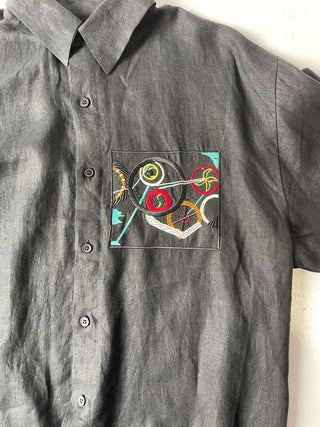 90's "デッドストック" GOOUCH アート刺繍 リネン L/Sシャツ