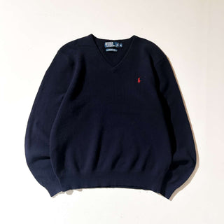 Ralph Lauren "ITALIAN YARN LAMBS WOOL" Vネック ニット セーター (ネイビー)