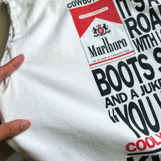90's "made in USA" Marlboro sleeve less "COWBOYS STILL... KICK BACK'' ボロ 両面プリント Tシャツ