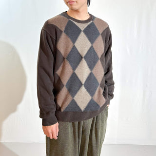 00's HAGGAR ブラウン アーガイルチェック コットン ニット セーター