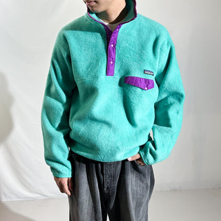 80's～ "made in USA" Patagonia ターコイズ×パープル "Beautiful Life" スナップT フリース プルオーバー ジャケット