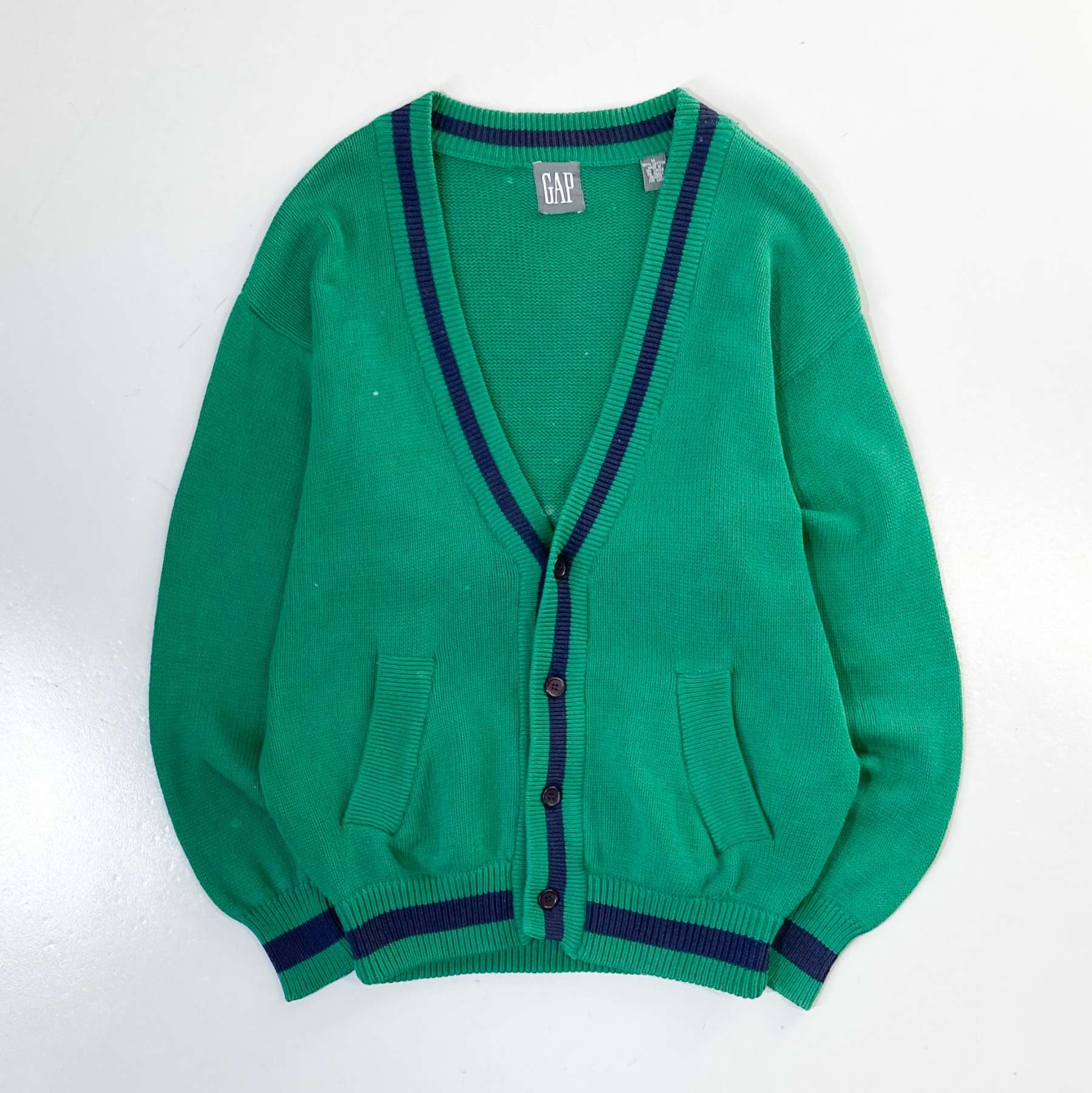 90s OLD GAP コットン チルデン ニット カーディガン L 前開き 紺