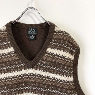 古着 90's Jos.A.BANK 総柄 バーズアイ ボーダー ウール ニットベスト