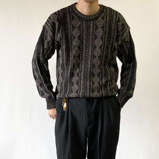 古着 90's KNIGHTBRIDGE FOR MEN 総柄 ストライプ アクリル 3Dニットセーター