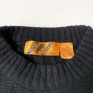 古着 90's TRUTUS ブラック ベロア切替 ポケット付き アクリル ニット セーター
